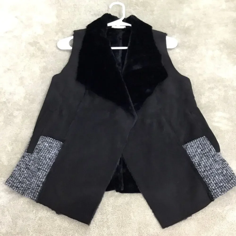 MYSTREE Black Faux Fur Vest Stylish Mid-Length Sz S